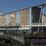 Men work on decking above the entrance to the fictional Torchwood Hub, Cardiff Bay