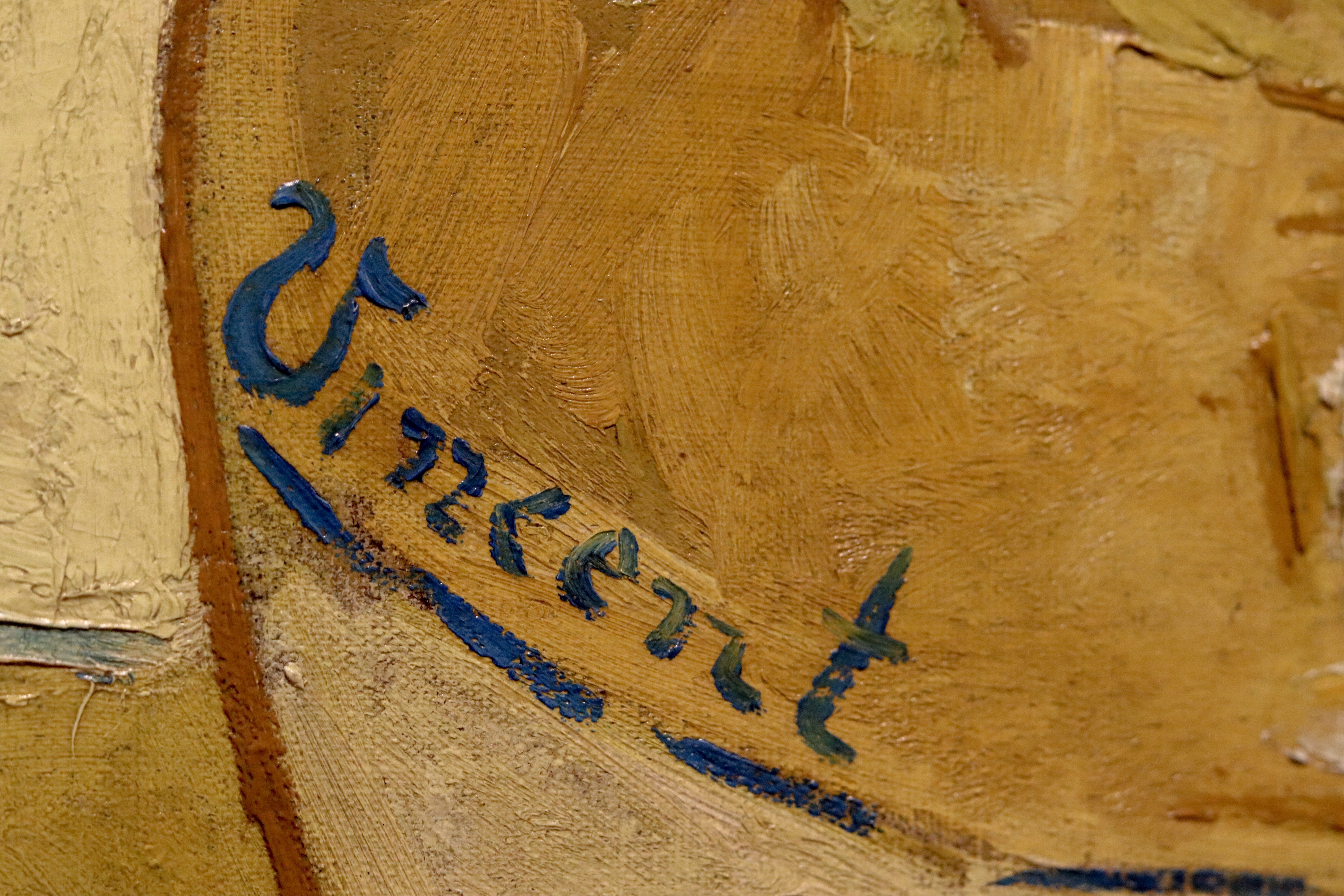 Close up of ‘Vincent’ painted signature on ‘Sunflowers’, (1888) from the National Gallery, London